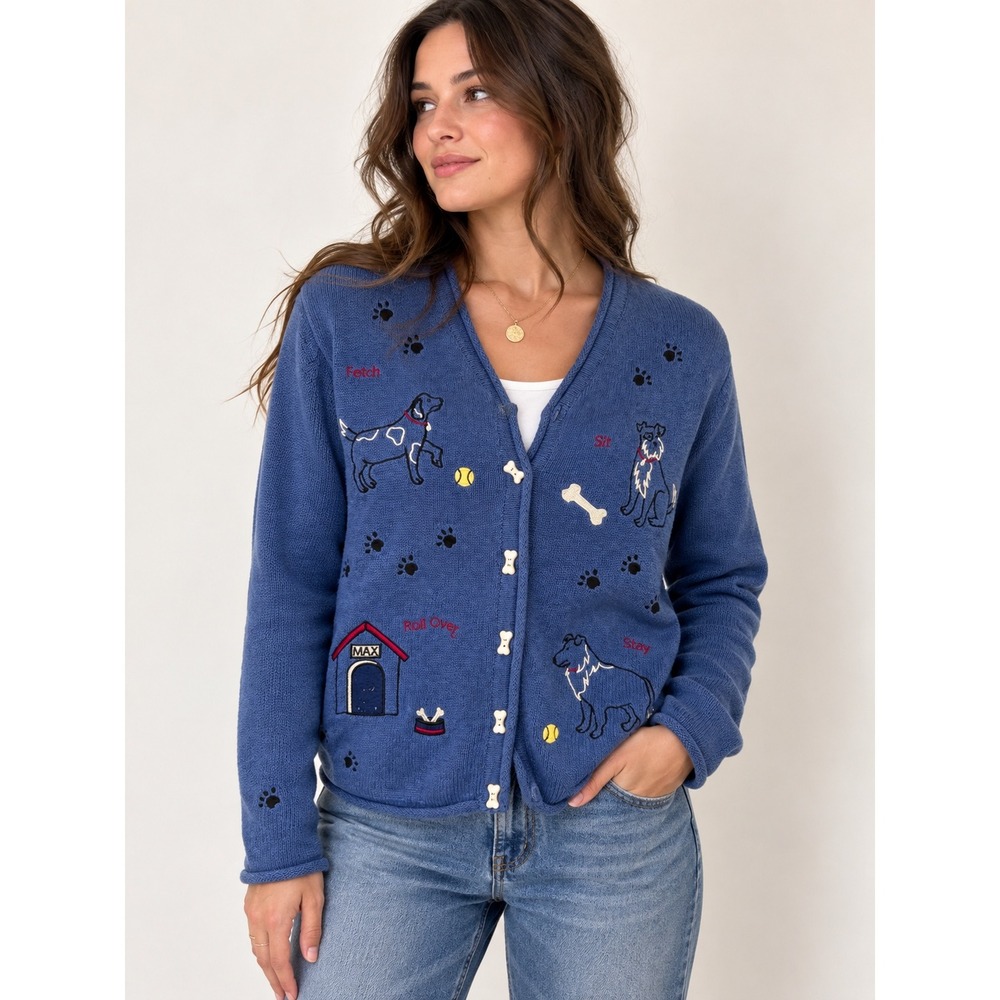 Vintage 90s Christopher & Banks Embroidered Rolled Neck Dog Novelty Cardigan M